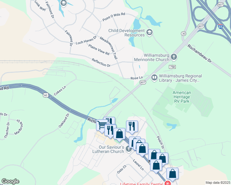map of restaurants, bars, coffee shops, grocery stores, and more near 7726 Croaker Road in Williamsburg