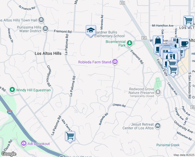 map of restaurants, bars, coffee shops, grocery stores, and more near 26960 Orchard Hill Lane in Los Altos Hills