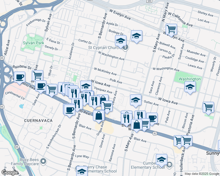 map of restaurants, bars, coffee shops, grocery stores, and more near 1127 West Iowa Avenue in Sunnyvale