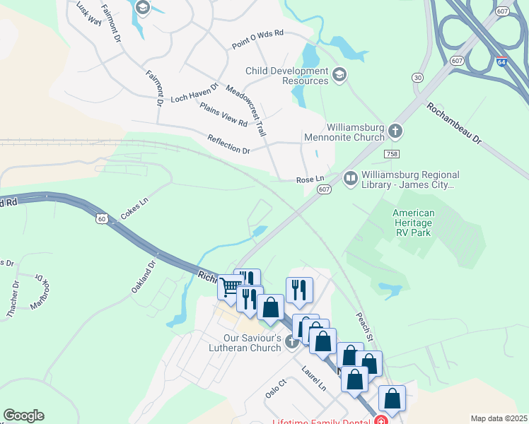 map of restaurants, bars, coffee shops, grocery stores, and more near 7726 Croaker Road in Williamsburg