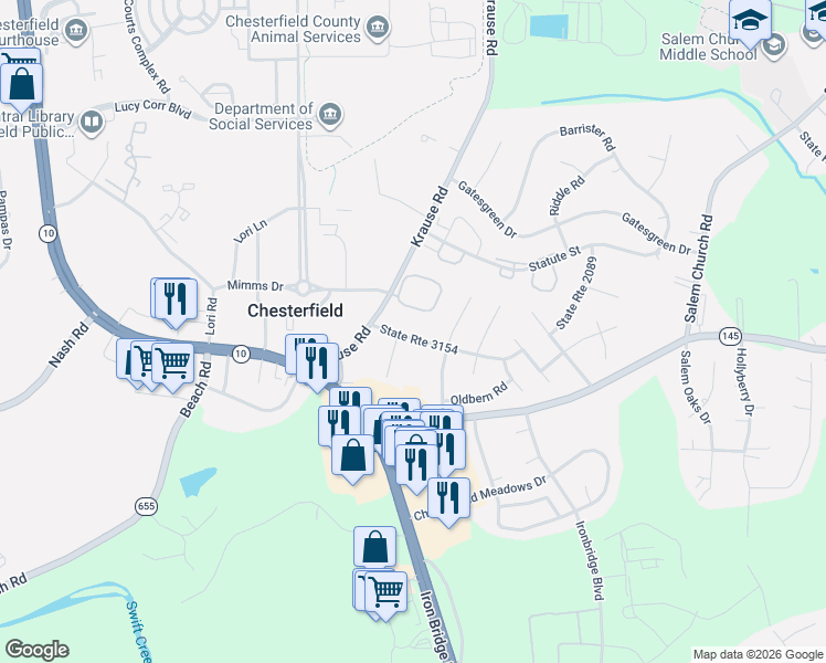 map of restaurants, bars, coffee shops, grocery stores, and more near 6519 Fore Circle in Chesterfield