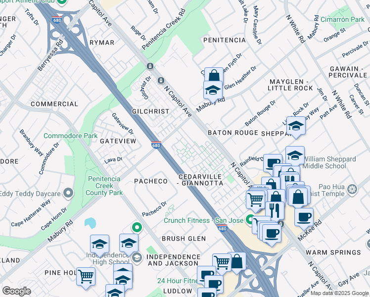 map of restaurants, bars, coffee shops, grocery stores, and more near 674 Galleon Court in San Jose