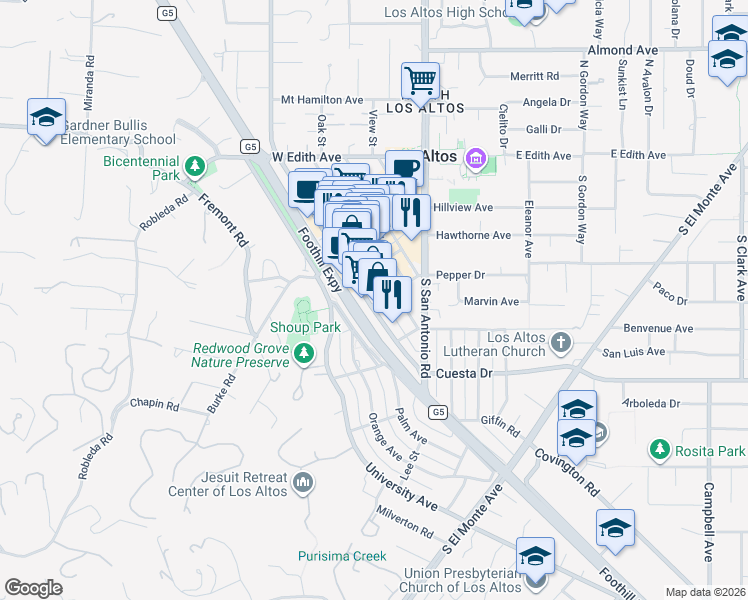 map of restaurants, bars, coffee shops, grocery stores, and more near 325 1st Street in Los Altos