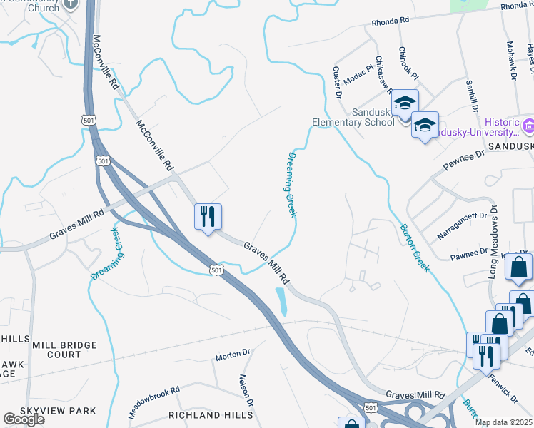 map of restaurants, bars, coffee shops, grocery stores, and more near 119 Leroy Bowen Drive in Lynchburg