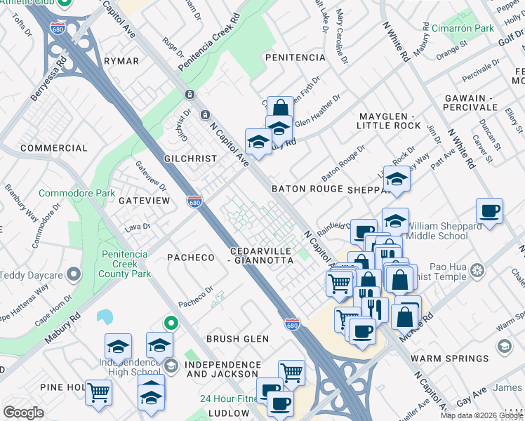 map of restaurants, bars, coffee shops, grocery stores, and more near 636 Messina Gardens Lane in San Jose