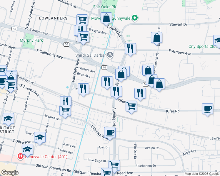 map of restaurants, bars, coffee shops, grocery stores, and more near 155 North Wolfe Road in Sunnyvale