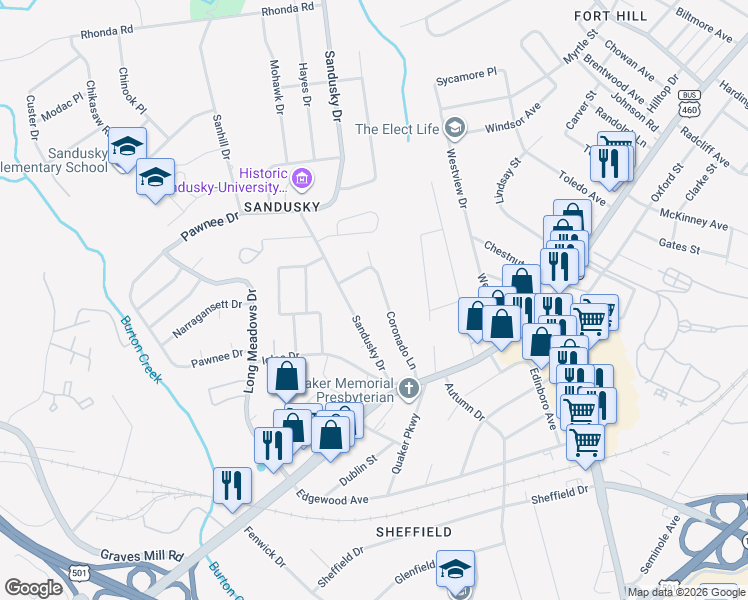 map of restaurants, bars, coffee shops, grocery stores, and more near 1016 Coronado Ln in Lynchburg