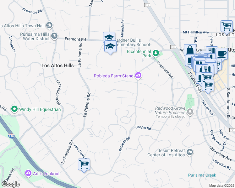 map of restaurants, bars, coffee shops, grocery stores, and more near 26960 Orchard Hill Lane in Los Altos Hills