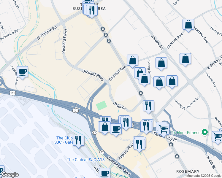 map of restaurants, bars, coffee shops, grocery stores, and more near 2180 O'Nel Drive in San Jose