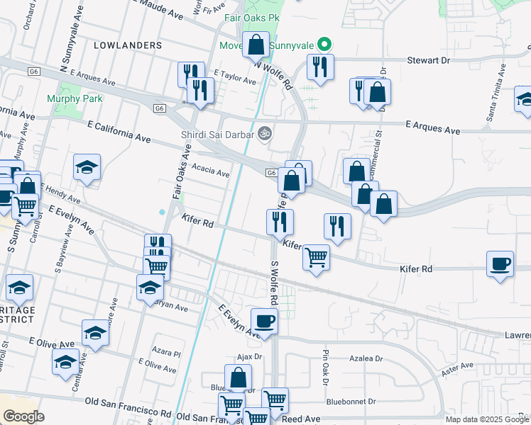 map of restaurants, bars, coffee shops, grocery stores, and more near 155 North Wolfe Road in Sunnyvale