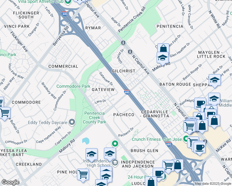map of restaurants, bars, coffee shops, grocery stores, and more near 791 Gateview Drive in San Jose