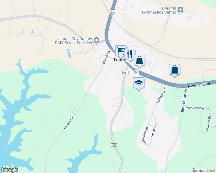 map of restaurants, bars, coffee shops, grocery stores, and more near 141 School Lane in Toano