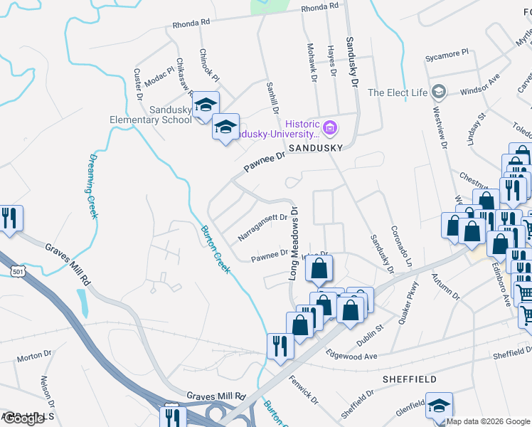 map of restaurants, bars, coffee shops, grocery stores, and more near 1023 Long Meadows Drive in Lynchburg