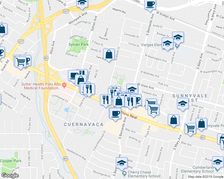 map of restaurants, bars, coffee shops, grocery stores, and more near 1287 Vicente Dr in Sunnyvale