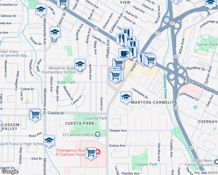 map of restaurants, bars, coffee shops, grocery stores, and more near 1421 Tyler Park Way in Mountain View