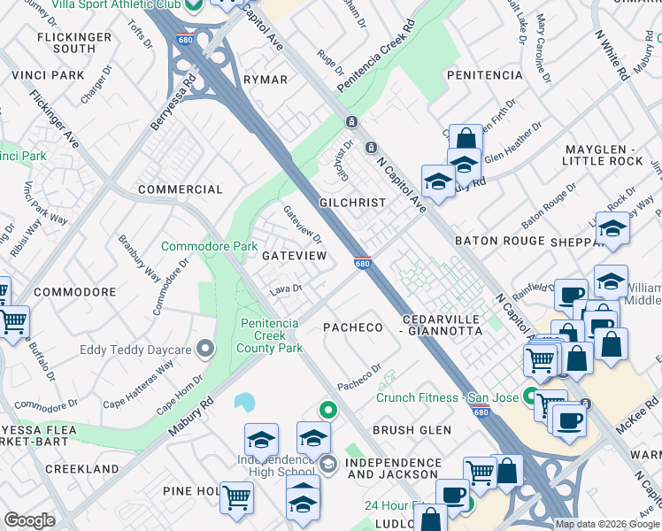 map of restaurants, bars, coffee shops, grocery stores, and more near 791 Gateview Drive in San Jose