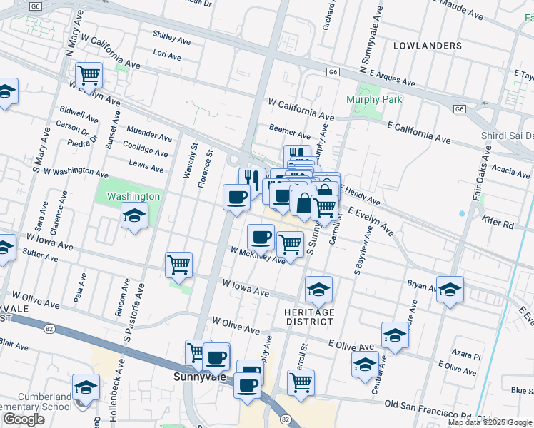 map of restaurants, bars, coffee shops, grocery stores, and more near 299 West Washington Avenue in Sunnyvale
