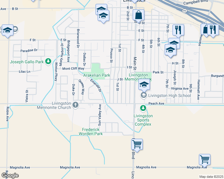 map of restaurants, bars, coffee shops, grocery stores, and more near 1519 Prusso Street in Livingston