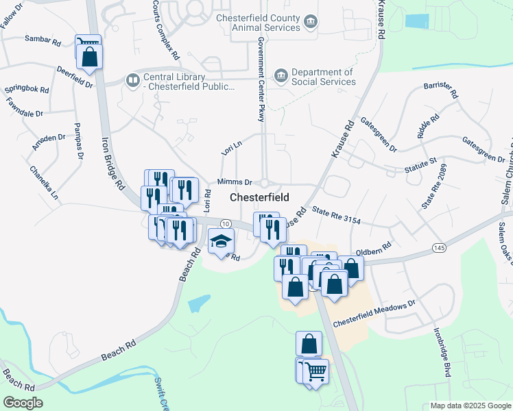 map of restaurants, bars, coffee shops, grocery stores, and more near 6701 Mimms Loop in Chesterfield
