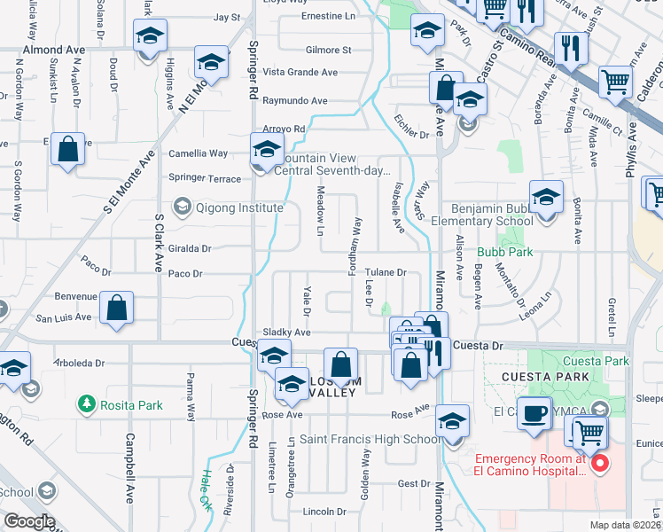 map of restaurants, bars, coffee shops, grocery stores, and more near 1187 Barbara Avenue in Mountain View