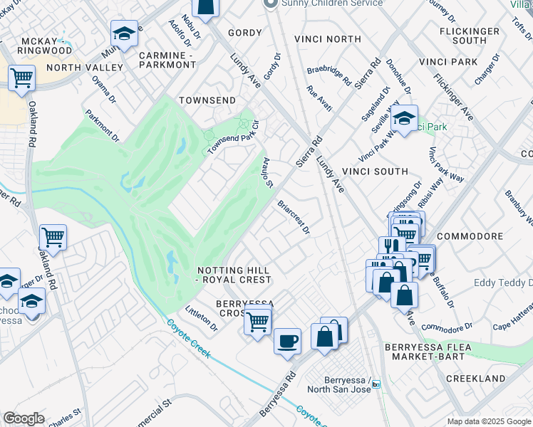 map of restaurants, bars, coffee shops, grocery stores, and more near 1573 Thornbriar Drive in San Jose