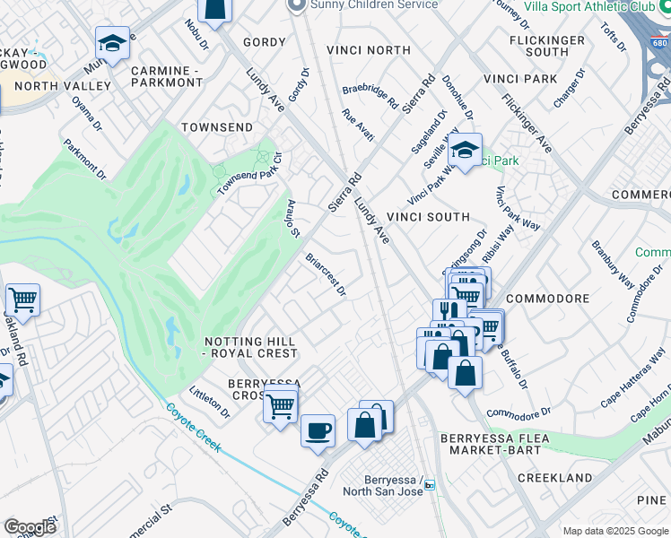 map of restaurants, bars, coffee shops, grocery stores, and more near 1657 Briarcrest Court in San Jose