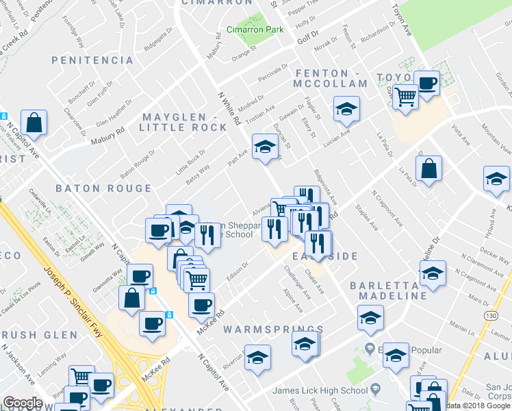 map of restaurants, bars, coffee shops, grocery stores, and more near 3031 Alviena Drive in San Jose