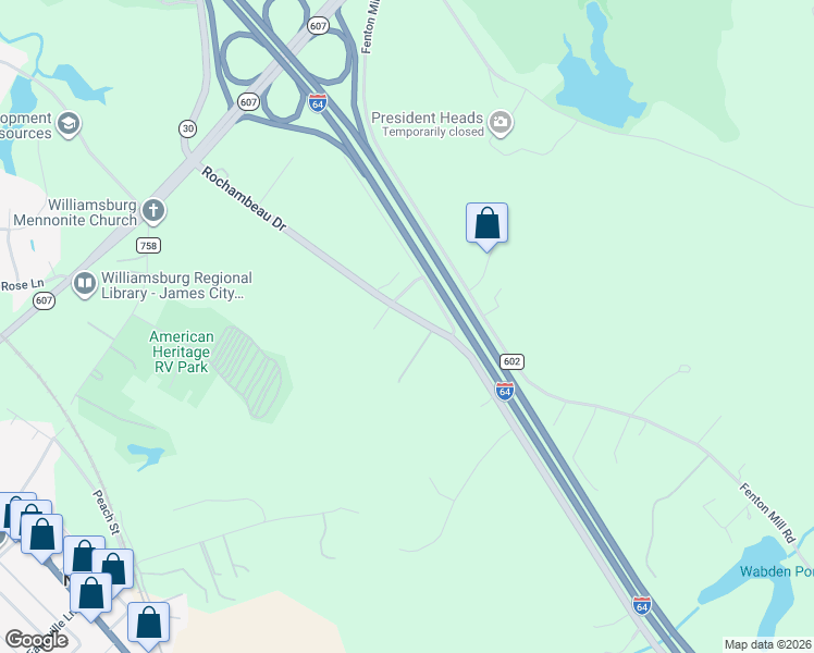 map of restaurants, bars, coffee shops, grocery stores, and more near 4615 Rochambeau Drive in Williamsburg
