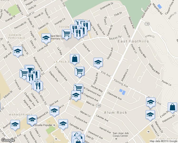 map of restaurants, bars, coffee shops, grocery stores, and more near 3876 Madeline Drive in San Jose