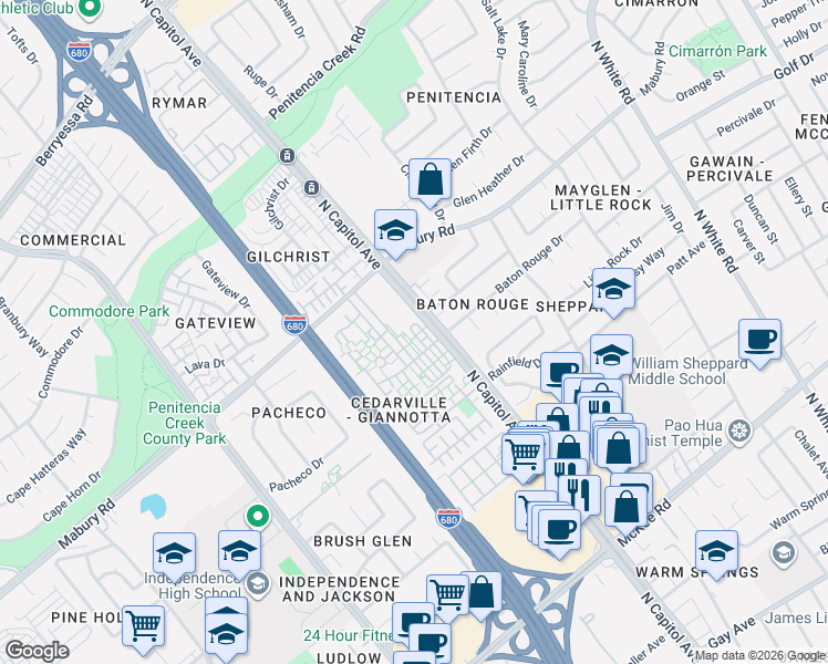 map of restaurants, bars, coffee shops, grocery stores, and more near 687 Celadon Circle in San Jose