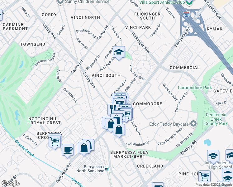 map of restaurants, bars, coffee shops, grocery stores, and more near 1769 Springsong Drive in San Jose