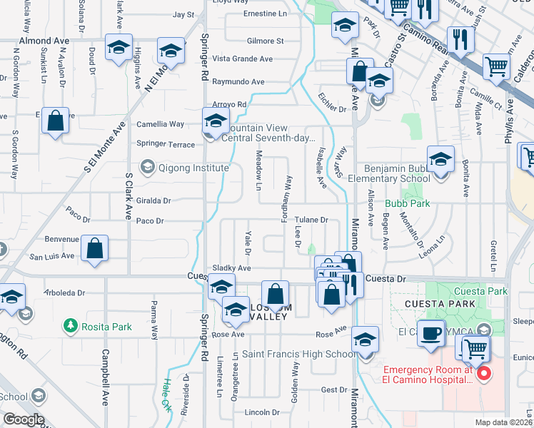 map of restaurants, bars, coffee shops, grocery stores, and more near 1187 Barbara Avenue in Mountain View