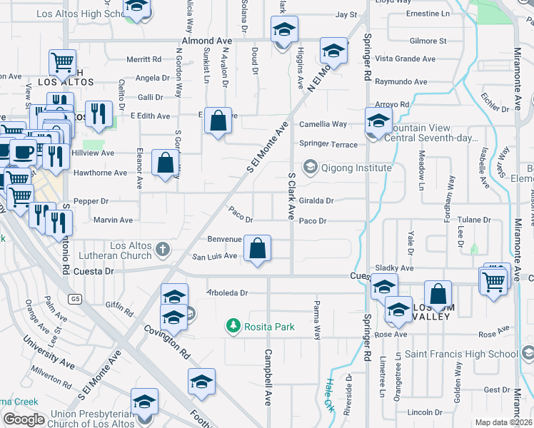 map of restaurants, bars, coffee shops, grocery stores, and more near 307 Ramon Drive in Los Altos