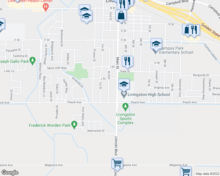 map of restaurants, bars, coffee shops, grocery stores, and more near 1511 2nd Street in Livingston