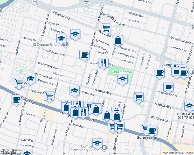 map of restaurants, bars, coffee shops, grocery stores, and more near 366 Clarence Avenue in Sunnyvale