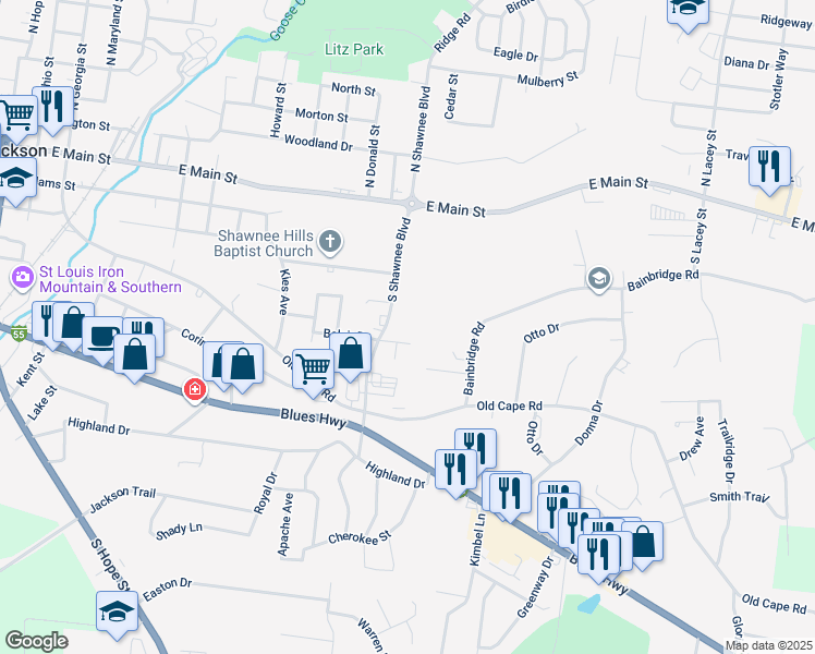 map of restaurants, bars, coffee shops, grocery stores, and more near 422 North Shawnee Boulevard in Jackson