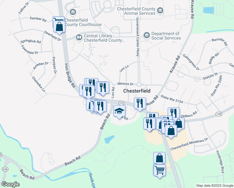 map of restaurants, bars, coffee shops, grocery stores, and more near 9901 Lori Road in Chesterfield