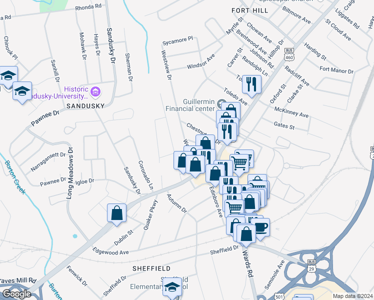 map of restaurants, bars, coffee shops, grocery stores, and more near 1105 Westview Drive in Lynchburg