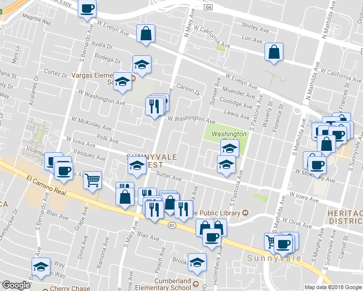 map of restaurants, bars, coffee shops, grocery stores, and more near 366 Clarence Avenue in Sunnyvale