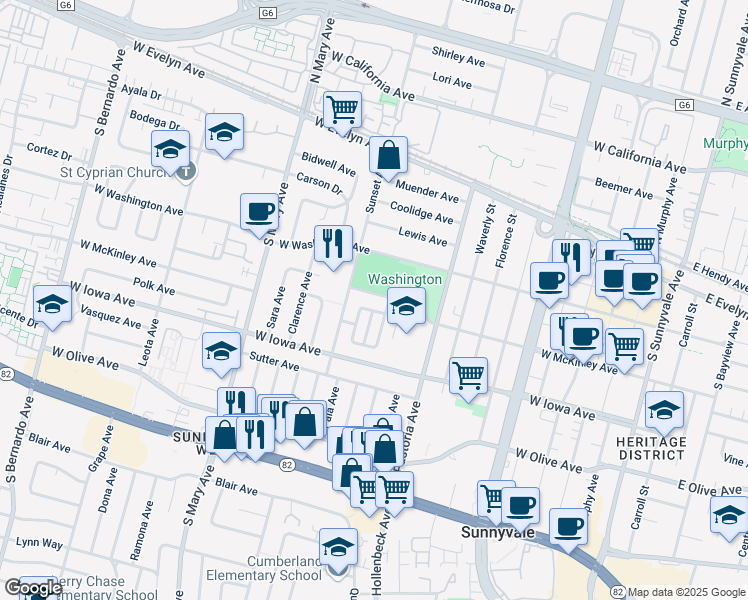 map of restaurants, bars, coffee shops, grocery stores, and more near 878 West McKinley Avenue in Sunnyvale