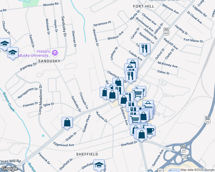 map of restaurants, bars, coffee shops, grocery stores, and more near 1105 Westview Drive in Lynchburg