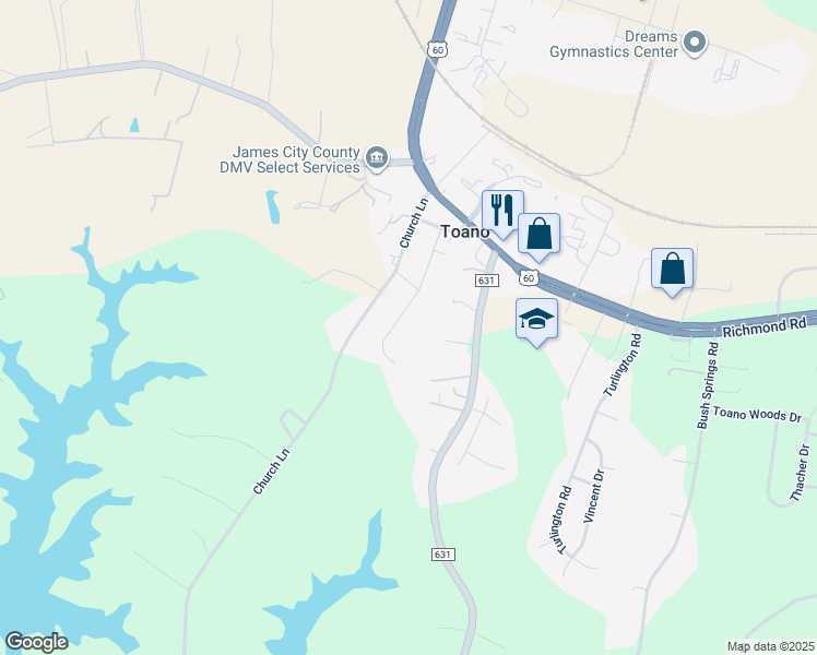 map of restaurants, bars, coffee shops, grocery stores, and more near 141 School Lane in Toano