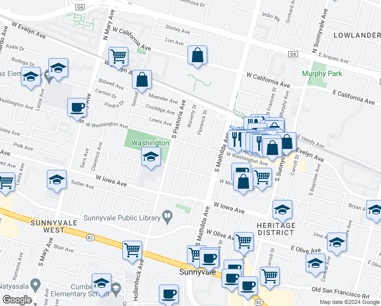 map of restaurants, bars, coffee shops, grocery stores, and more near 229 Florence Street in Sunnyvale