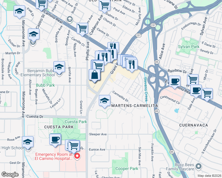 map of restaurants, bars, coffee shops, grocery stores, and more near 194 Carmelita Drive in Mountain View