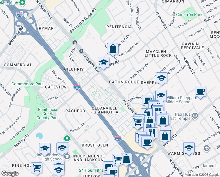 map of restaurants, bars, coffee shops, grocery stores, and more near 687 Celadon Circle in San Jose