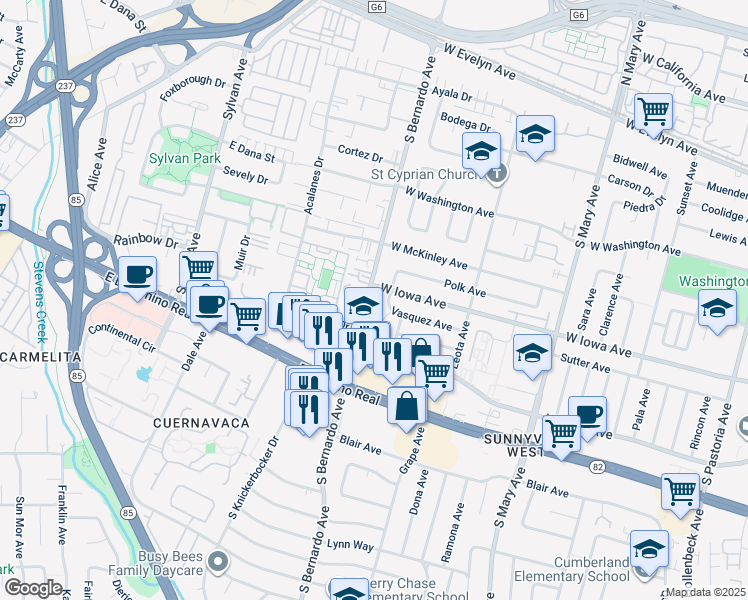 map of restaurants, bars, coffee shops, grocery stores, and more near 1198 West Iowa Avenue in Sunnyvale