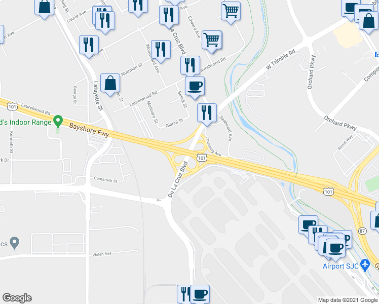 map of restaurants, bars, coffee shops, grocery stores, and more near 402 West Trimble Road in San Jose
