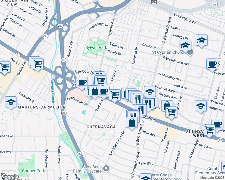 map of restaurants, bars, coffee shops, grocery stores, and more near 870 East El Camino Real in Mountain View