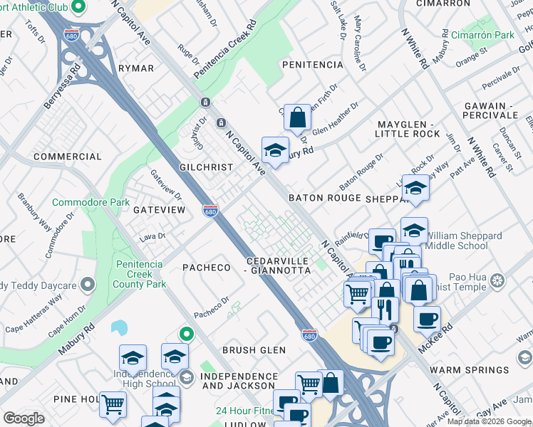 map of restaurants, bars, coffee shops, grocery stores, and more near 682 Galleon Court in San Jose