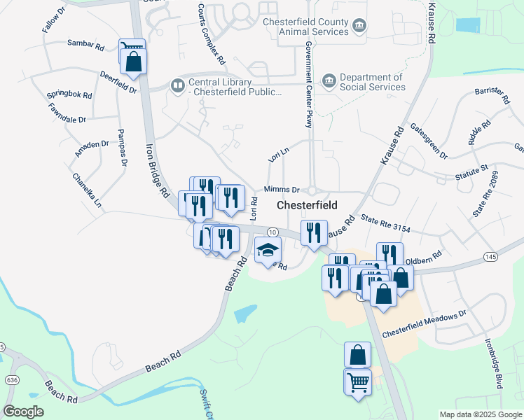 map of restaurants, bars, coffee shops, grocery stores, and more near 9901 Lori Road in Chesterfield